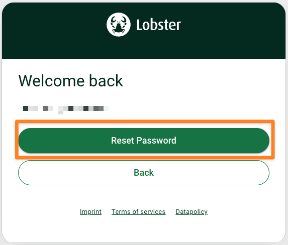 Lobster login page with a prominent 'Reset Password' button for user access.